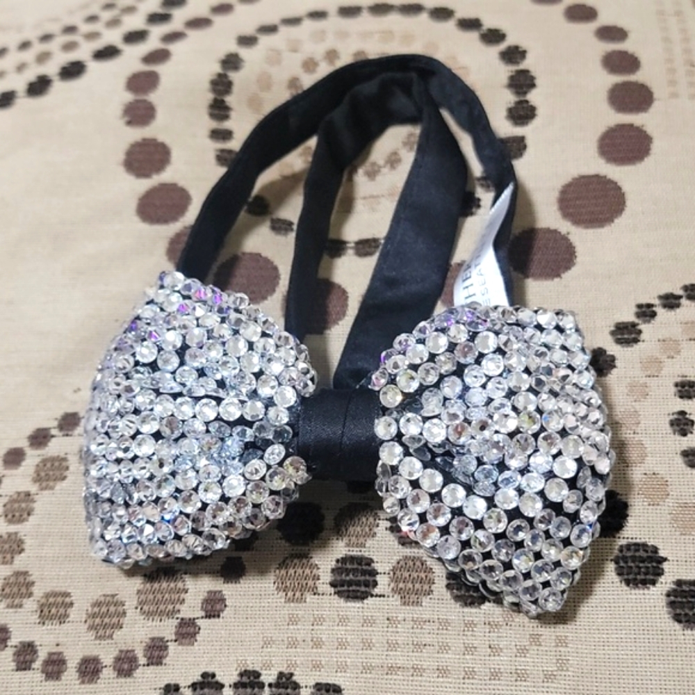Dance Costume Concert Party Event Rhinestoned Crystal Adjustable Black Bowtie